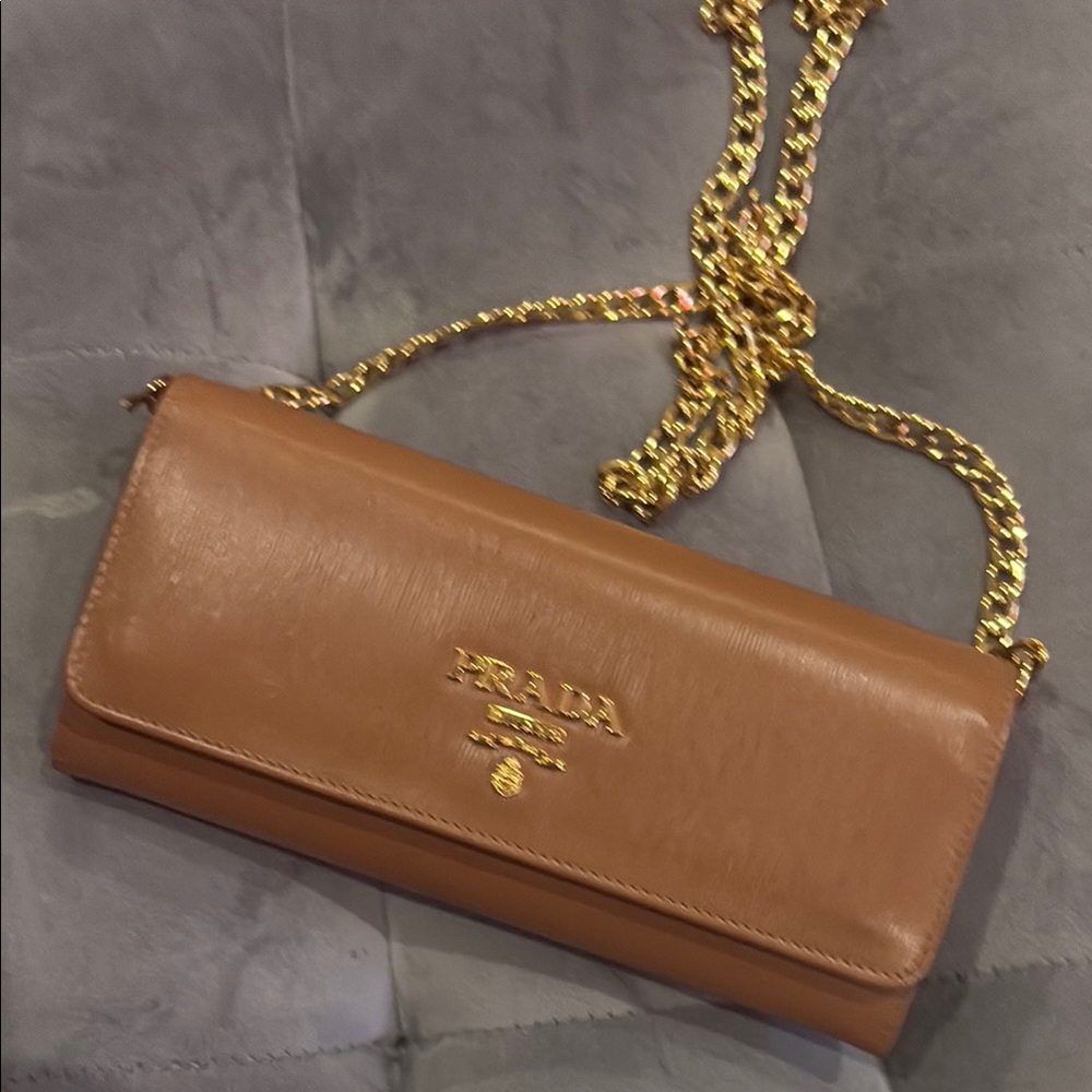 Prada Brown Leather Clutch with Gold Chain